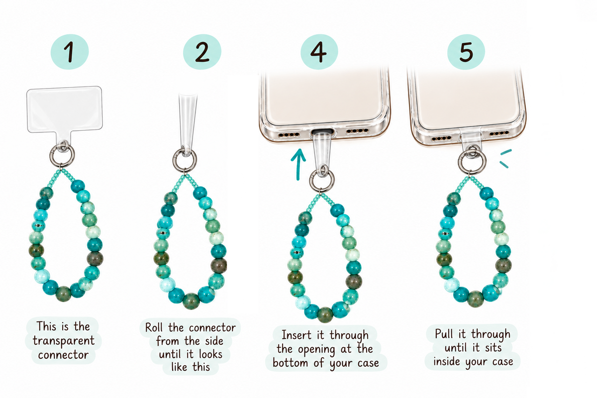 Instructions for attaching a beaded phone strap using a transparent connector inside a phone case